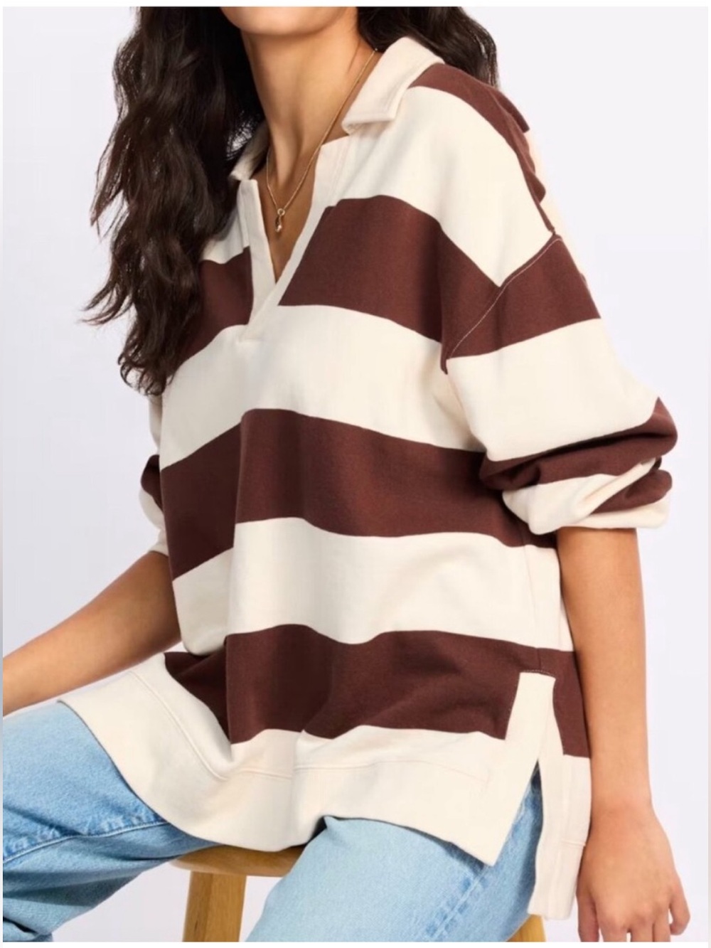 Z Supply Brown Stripe Cotton Rugby Brushed Fleece Henley top - Picture 3 of 8
